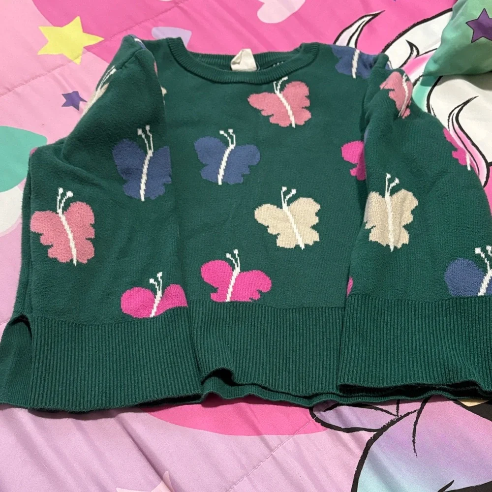 GAP Teal Green Crewneck Sweater with Pink, Purple & Cream Butterflies